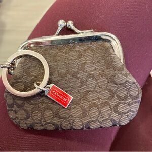 Coach Brown Signature Coin Purse with Red Logo Tag